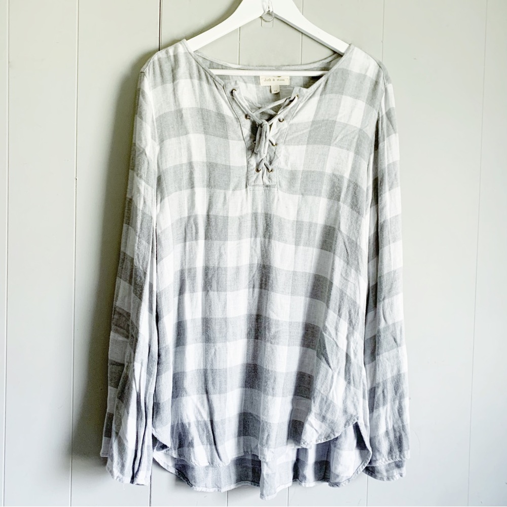 ANTHROPOLOGIE Cloth & Stone Flannel Lace Up Tunic Top Grey Buffalo Plaid XL